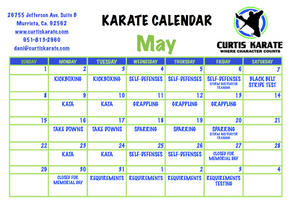 May Karate Calendar